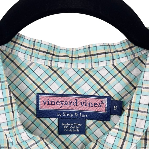 Vineyard Vines Plaid Sleeveless Blouse Teal Black Gold Ruffled Top Size 8 - Picture 12 of 13